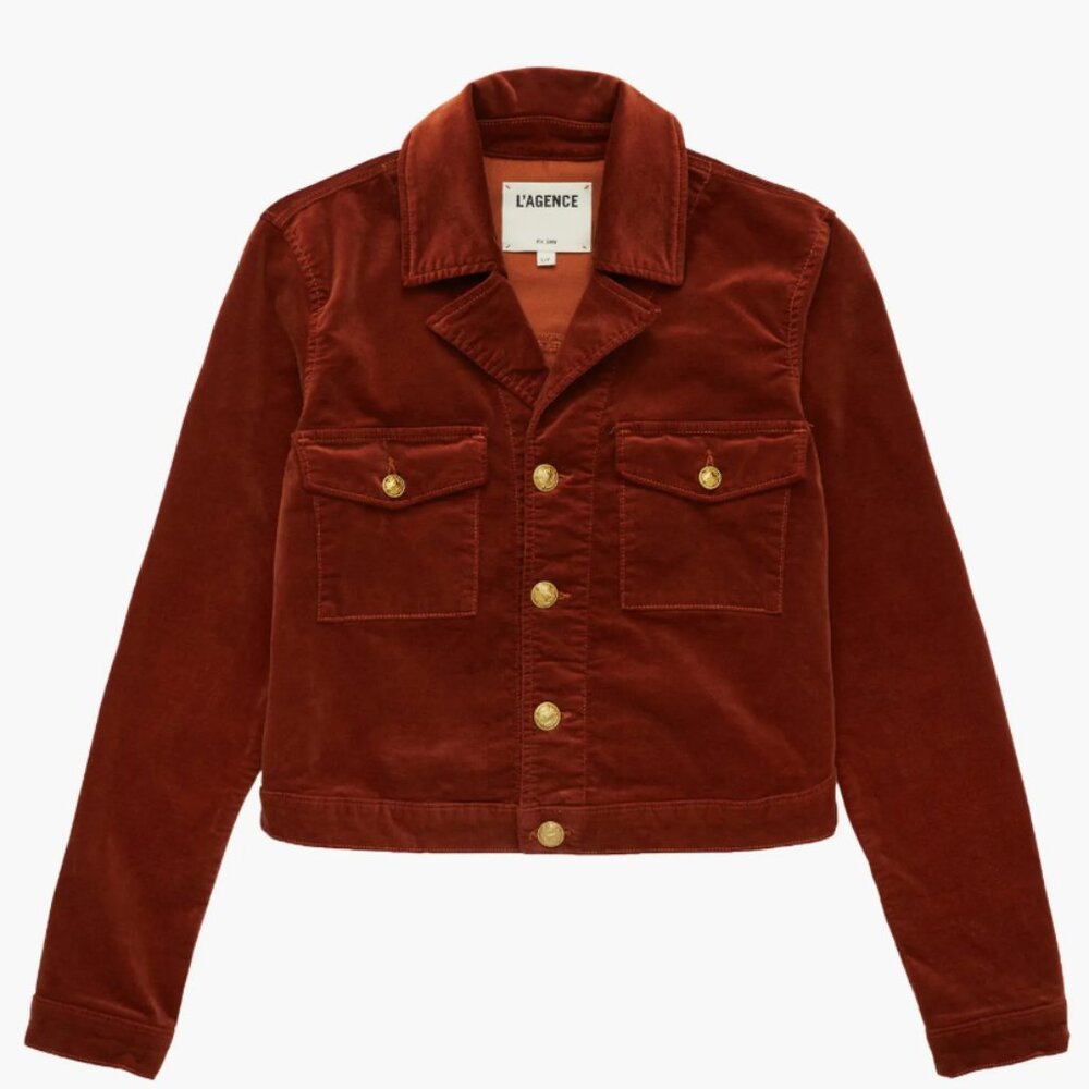 L'AGENCE Eisenhower Cotton Blend Velvet Crop Trucker Jacket - Rust Brown